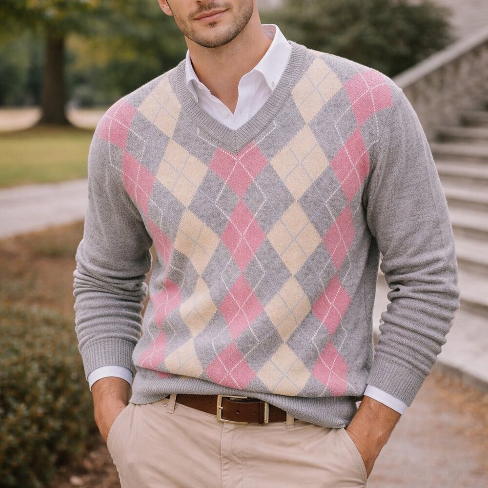 Vintage Alan Paine 100% Lambs Wool Argyle Heritage Preppy Sweater, Large